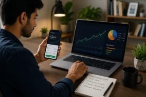 Beginner investor reviewing a diversified investment portfolio on a laptop and smartphone.