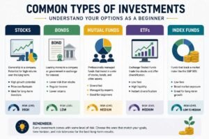 Different investment options for beginners including stocks, bonds, ETFs, mutual funds, and index funds.