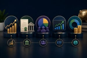 Diversified investment portfolio with stocks, bonds, ETFs, mutual funds, and index funds for beginner investors.