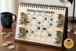 A desk calendar titled Sinking Fund Calendar surrounded by labeled savings jars for car maintenance, school expenses, subscriptions, and medical costs.