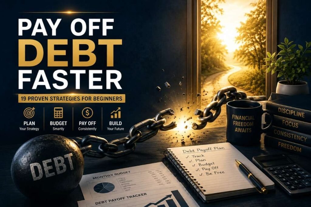 A professional illustration showing a broken debt chain, financial planning tools, and a path to financial freedom, representing strategies to pay off debt faster.
