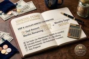 An open financial workbook displaying a sinking fund calculation formula alongside a calculator, pen, and budget checklist.