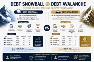 Comparison infographic showing the Debt Snowball and Debt Avalanche methods to help beginners choose the best debt repayment strategy.