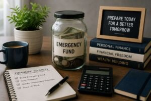 Emergency fund savings jar with financial planning tools for building long term financial security