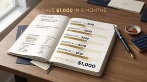 Five month savings plan showing how to reach a $1,000 savings goal