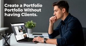 Freelancer creating a professional portfolio with sample projects on a laptop