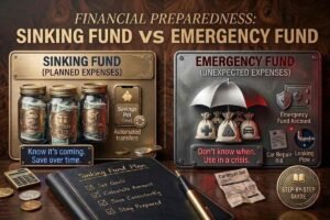 Infographic comparing Sinking Funds for planned expenses against Emergency Funds for unexpected financial costs.
