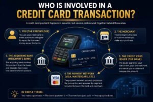 Infographic showing everyone involved in a credit card transaction, including the cardholder, merchant, issuer, payment network, and acquiring bank