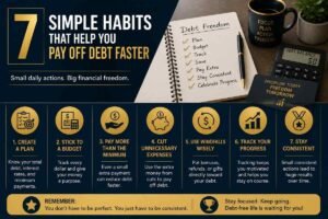 Infographic showing seven simple habits that help beginners pay off debt faster through budgeting, extra payments, and consistent financial planning.