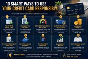 Infographic showing smart tips for using a credit card responsibly, including paying on time, paying the full balance, and keeping credit utilization low