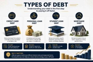 Infographic showing the main types of debt, including credit card debt, personal loans, student loans, and mortgage debt for beginners.