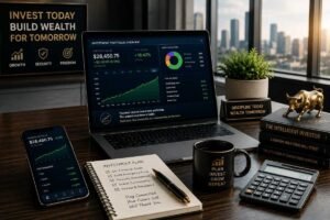 Investment planning workspace with portfolio dashboard, calculator, and financial planning tools