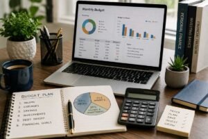 Monthly budget planning workspace with budgeting tools, expense tracking, and financial planning essentials
