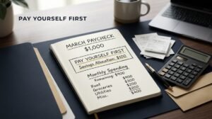 Pay yourself first method showing savings taken from a paycheck before spending
