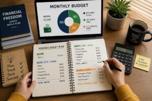 Person creating a monthly budget to manage income, expenses, savings, and debt