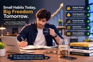 Person practicing smart money management habits with budgeting, saving, investing, and financial planning for long term financial freedom