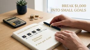 Savings tracker showing how to break a $1,000 goal into smaller milestones