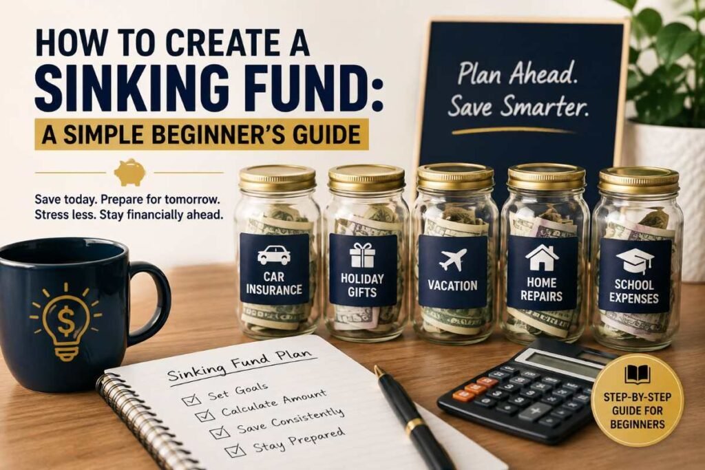 Sinking fund guide with labeled savings jars.