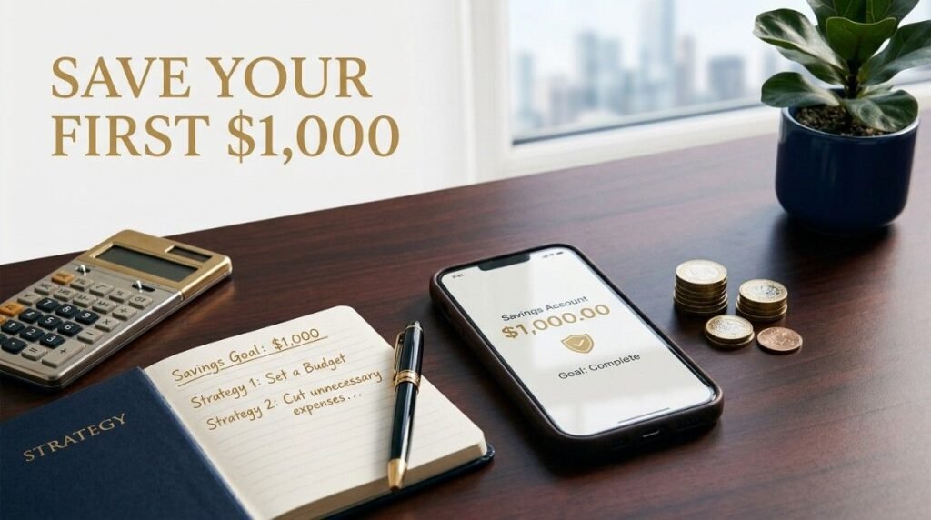 Smartphone showing a $1,000 savings goal on a personal finance desk