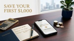 Smartphone showing a $1,000 savings goal on a personal finance desk