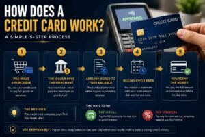 Step by step infographic explaining how a credit card works from purchase to repayment