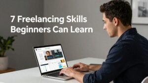 Young freelancer learning and working on seven digital freelancing skills
