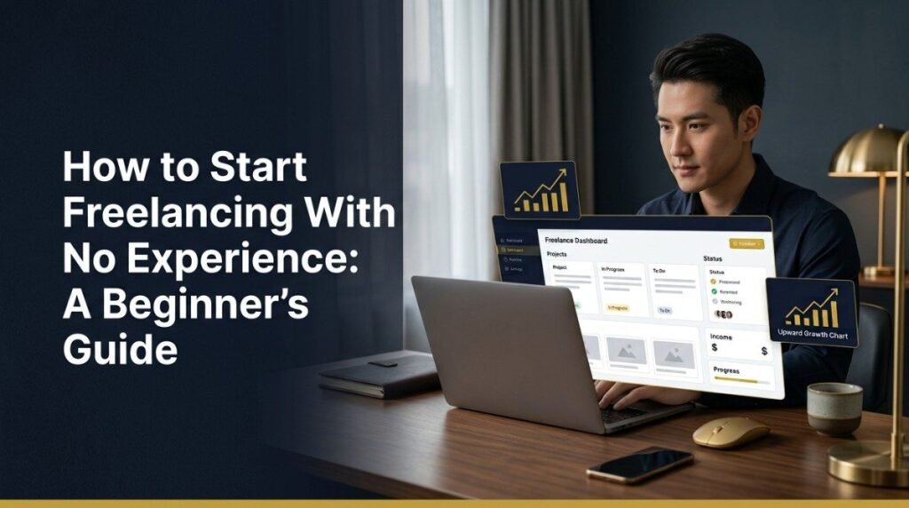 Young man working on a laptop as a beginner freelancer in a modern home office