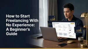 Young man working on a laptop as a beginner freelancer in a modern home office