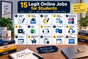 15 legitimate online jobs for students, including freelance writing, tutoring, graphic design, virtual assistance, social media management, video editing, data entry, blogging, and web development.
