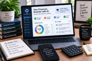AI personal finance dashboard showing income expenses savings investments and financial goals