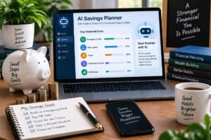 AI savings planner showing financial goals and progress toward savings targets