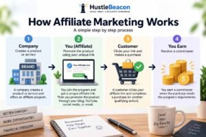 Affiliate marketing process showing a company, affiliate link, customer purchase, and commission.