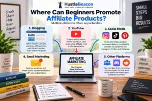 Affiliate marketing promotion channels including blogging, YouTube, social media, email marketing, and online communities.