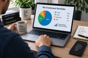 Beginner reviewing an investment portfolio and asset allocation on a laptop