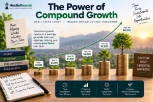 Compound growth infographic showing investments growing over time through reinvested returns and long term investing.