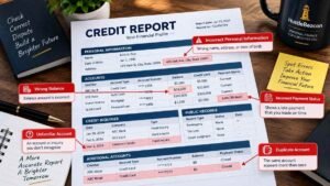Credit report showing common errors including incorrect personal information, wrong balance, late payment, unfamiliar account, and duplicate account