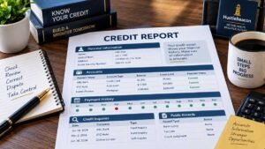 Credit report showing personal information, accounts, payment history, credit inquiries, and public records
