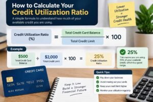 Credit utilization ratio formula showing a $500 balance divided by a $2,000 credit limit, resulting in 25% utilization.