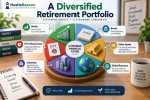 Diversified retirement portfolio infographic showing stocks, bonds, ETFs, mutual funds, industries, global investments, and other assets.
