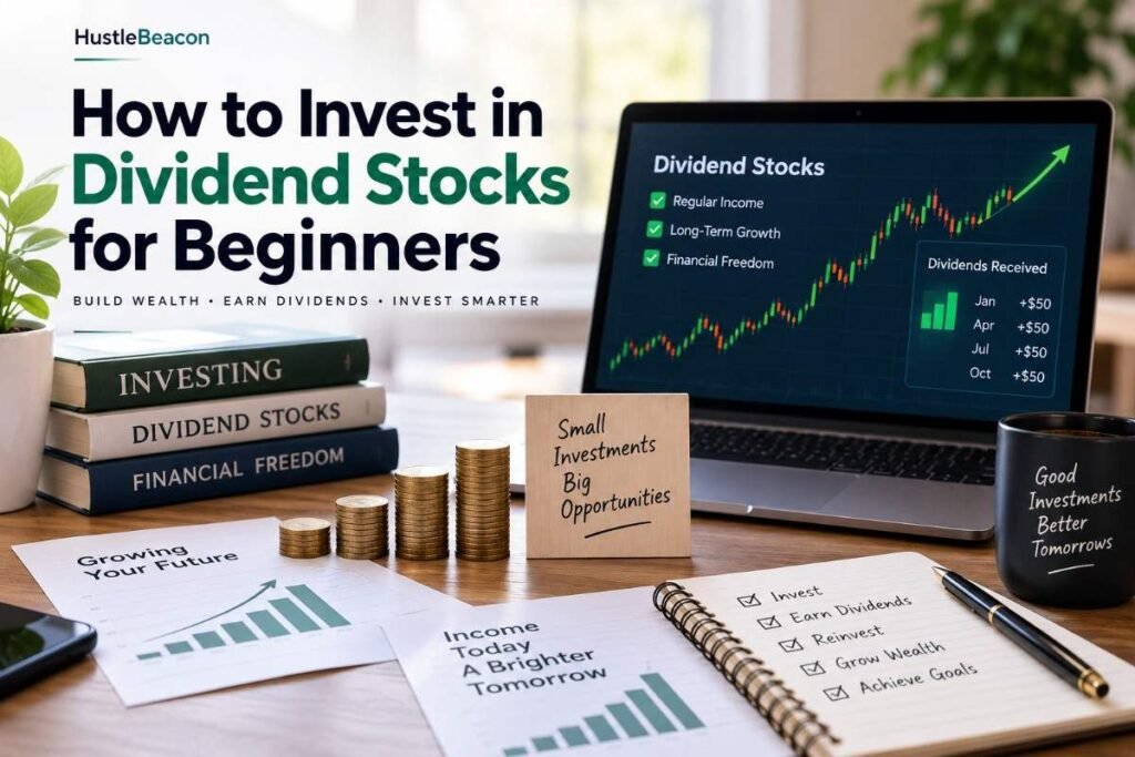 Dividend stocks investing guide for beginners with stock charts, dividend growth, and investment planning on a laptop.