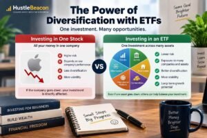 ETF diversification showing one investment spread across stocks, bonds, real estate, commodities, and other assets