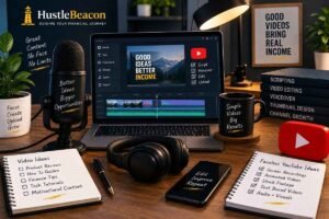 Faceless YouTube content creation setup with video editing, voiceover, and content planning tools
