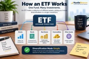 How an ETF works by combining stocks, bonds, real estate, commodities, and other assets in one investment