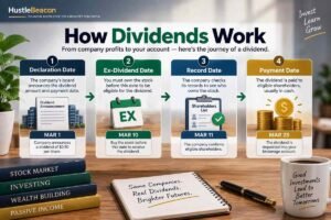 How dividends work infographic showing declaration date, ex-dividend date, record date, and payment date.