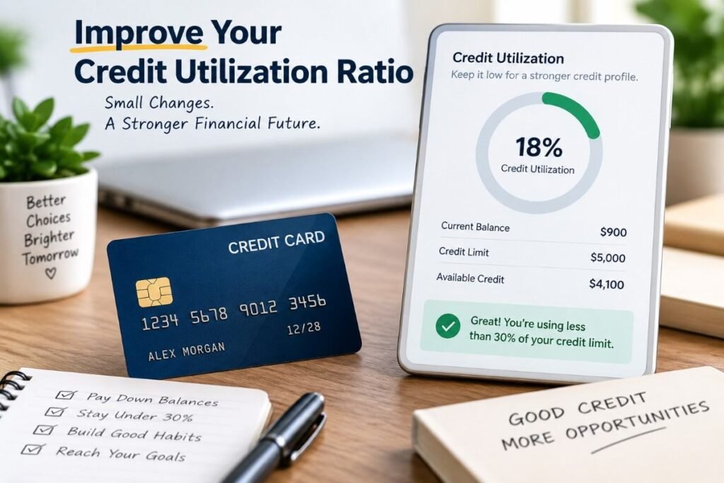 How to improve credit utilization ratio with a credit card, credit limit, and low utilization dashboard.