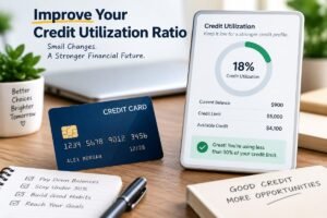 How to improve credit utilization ratio with a credit card, credit limit, and low utilization dashboard.