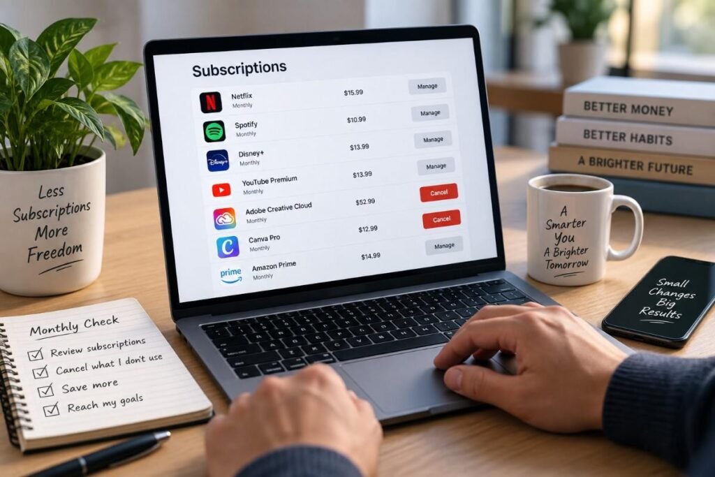 Laptop showing a monthly subscription list with unnecessary services marked for cancellation
