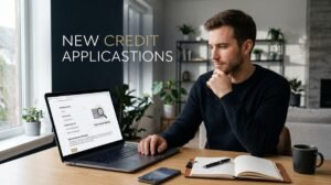 Man applying for new credit on a laptop while reviewing financial information
