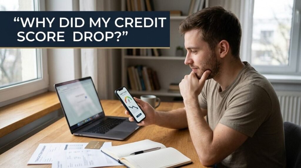 Man checking his smartphone after noticing a credit score drop