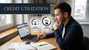 Man reviewing credit card spending and credit utilization on a laptop